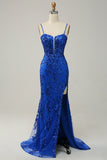 Mermaid Spaghetti Straps Royal Blue Sequins Long Formal Dress with Split Front
