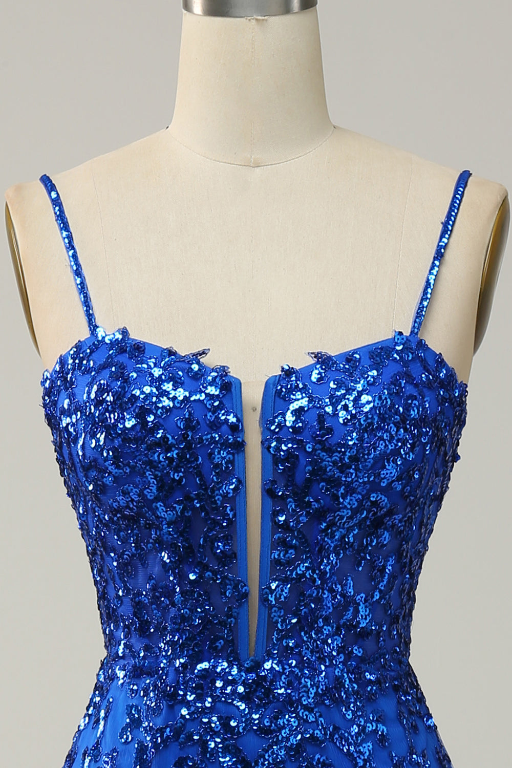 Mermaid Spaghetti Straps Royal Blue Sequins Long Formal Dress with Split Front