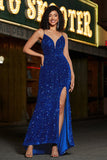 Royal Blue Mermaid Lace-Up Back Sequin Long Formal Dress with Slit