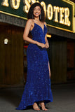Royal Blue Mermaid Lace-Up Back Sequin Long Formal Dress with Slit