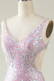 Sheath V Neck Lilac Sequins Long Formal Dress with Split Front