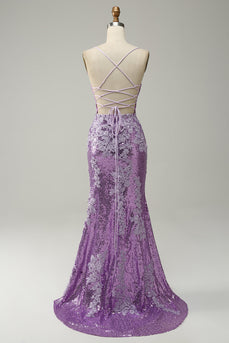 Mermaid Spaghetti Straps Purple Long Formal Dress with Appliques