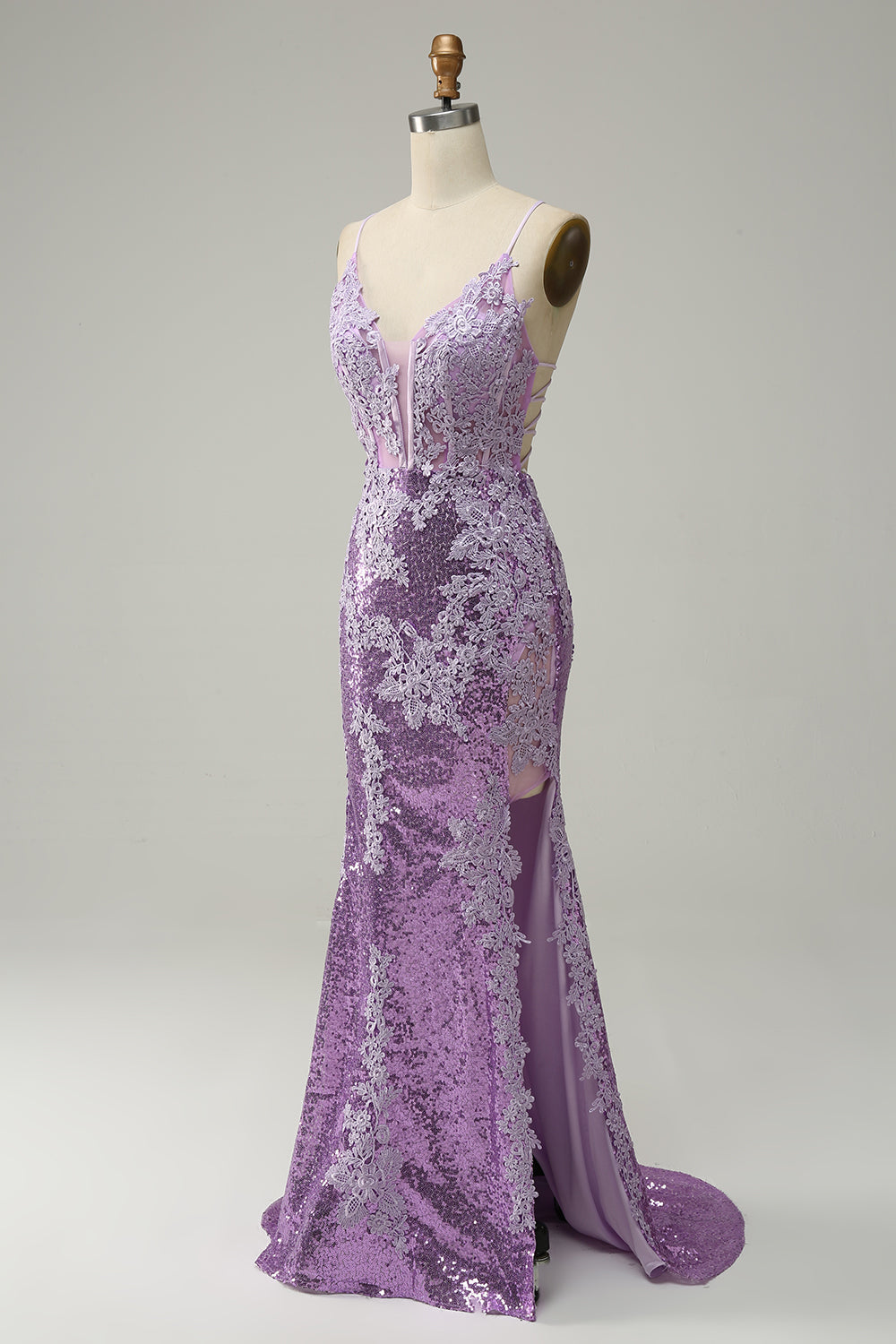 Mermaid Spaghetti Straps Purple Long Formal Dress with Appliques