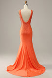 Mermaid V Neck Orange Long Formal Dress with Beading