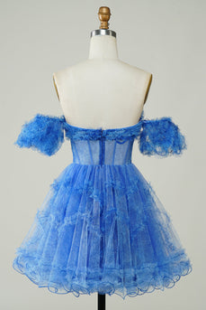 Blue Printed Detachable Sleeves Ruffled Short Formal Dress