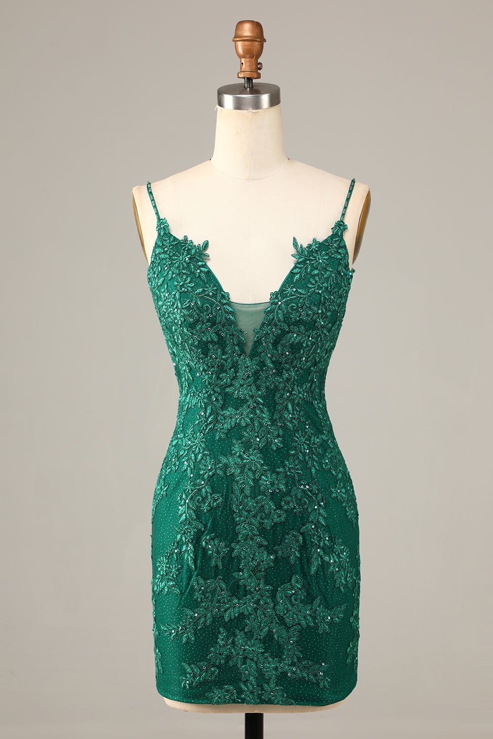 Sheath Spaghetti Straps Dark Green Short Formal Dress with Appliques