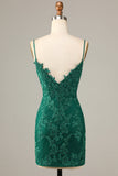 Sheath Spaghetti Straps Dark Green Short Formal Dress with Appliques