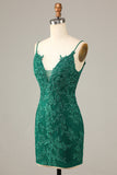 Sheath Spaghetti Straps Dark Green Short Formal Dress with Appliques