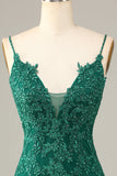 Sheath Spaghetti Straps Dark Green Short Formal Dress with Appliques