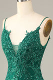 Sheath Spaghetti Straps Dark Green Short Formal Dress with Appliques