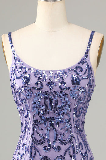 Sparkly Purple Sequins Spaghetti Straps Short Formal Dress with Fringes