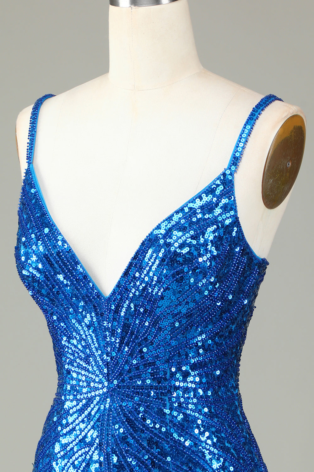 Sparkly Bodycon Spaghetti Straps Blue Sequins Short Formal Dress with Tassel