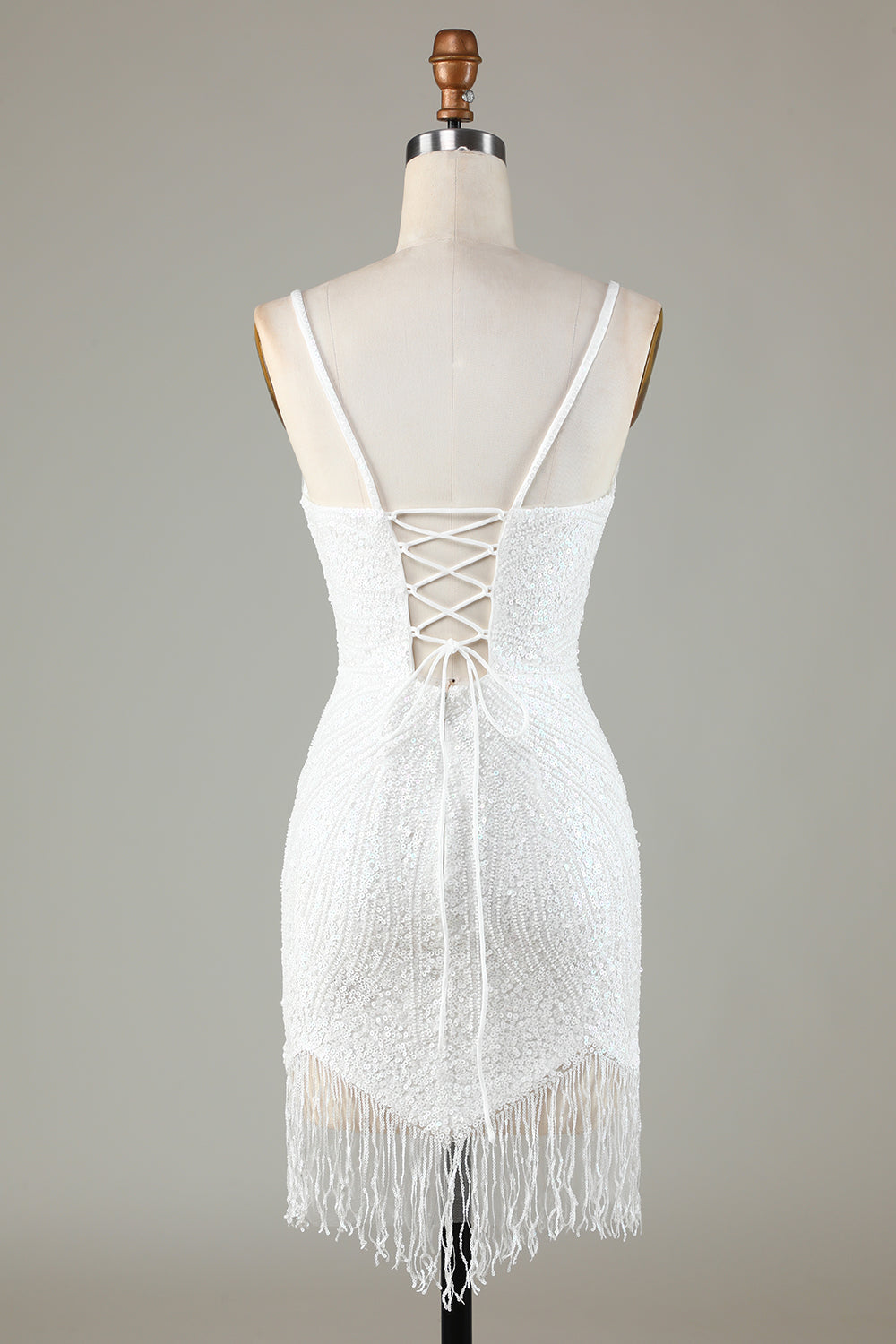 Sparkly Bodycon Spaghetti Straps Blue Lace-Up Back Short Formal Dress with Beading