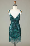 Sparkly Bodycon Spaghetti Straps Blue Lace-Up Back Short Formal Dress with Beading