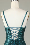 Sparkly Bodycon Spaghetti Straps Green Lace-Up Back Short Formal Dress with Beading