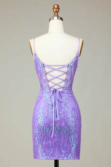 Stylish Bodycon Spaghetti Straps Lilac Sequins Corset Semi Formal Dress with Criss Cross Back