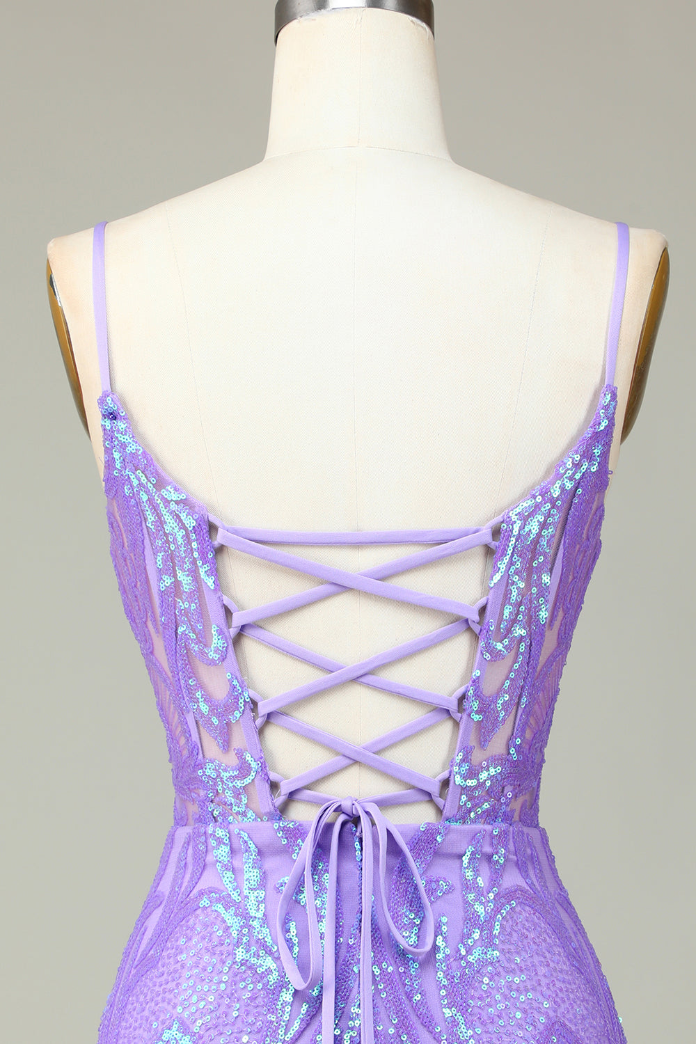 Stylish Bodycon Spaghetti Straps Lilac Sequins Corset Semi Formal Dress with Criss Cross Back