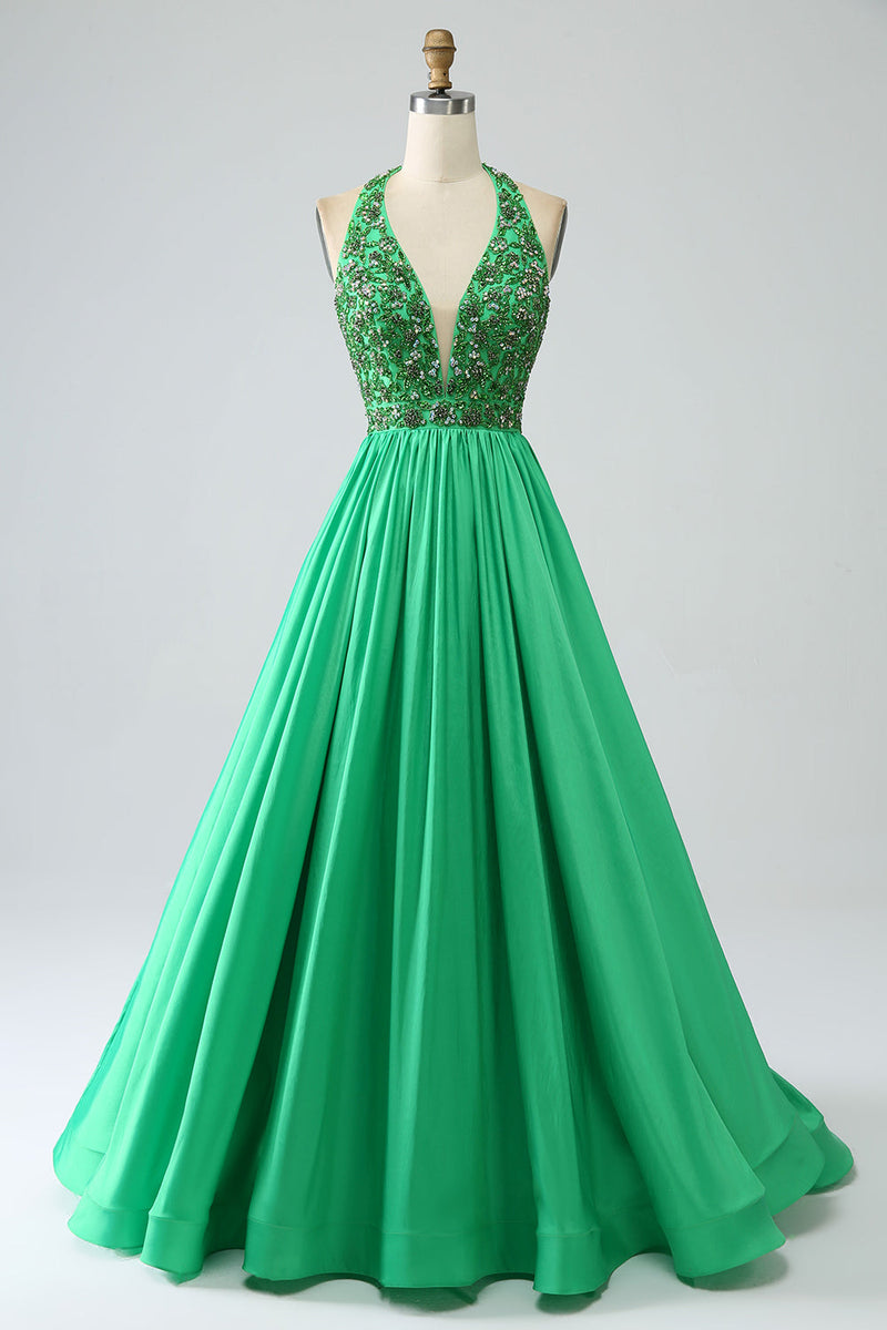 ZAPAKA Women Green Formal Dress with Beading Satin A Line Halter