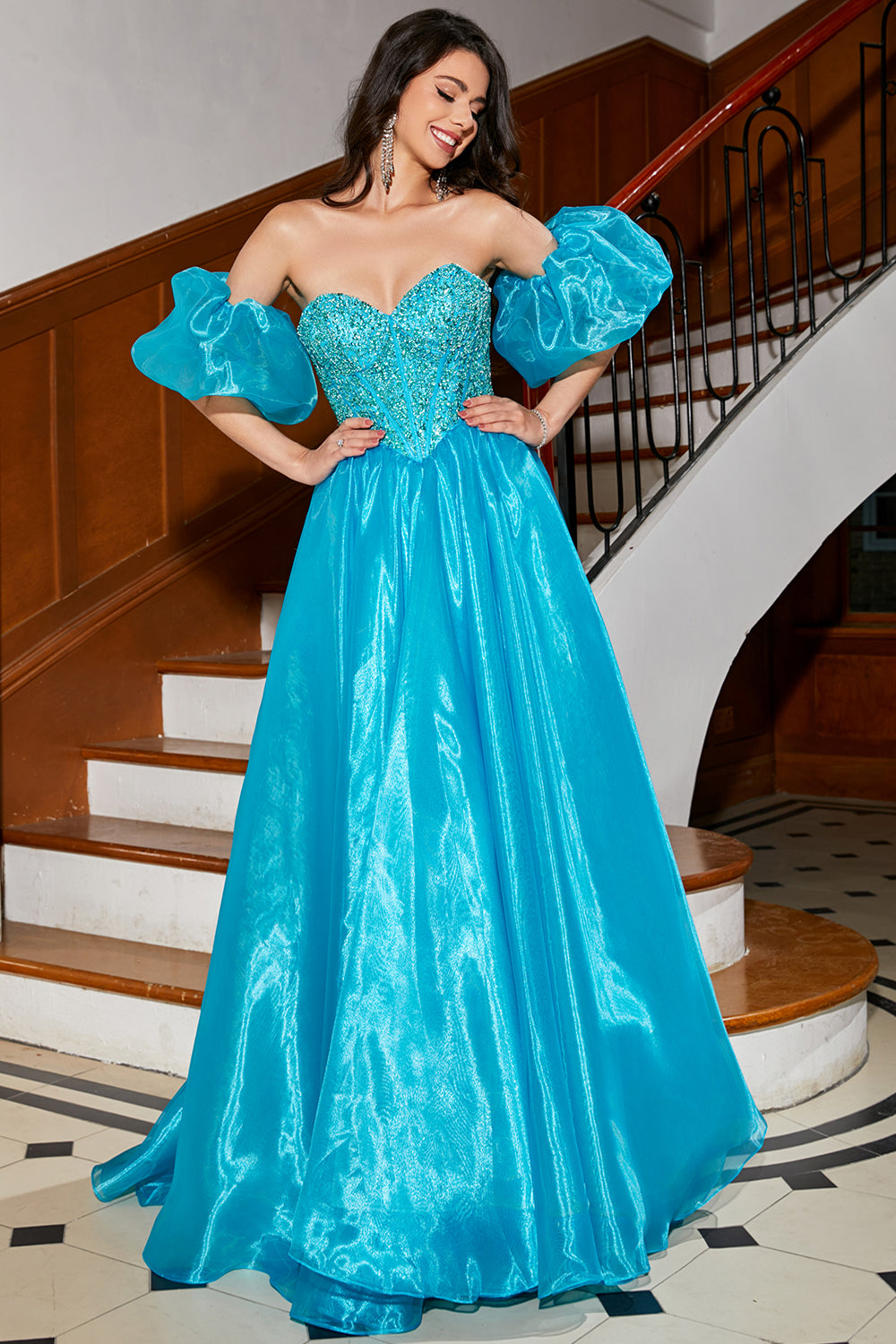A-Line Blue Corset Formal Dress with Beading