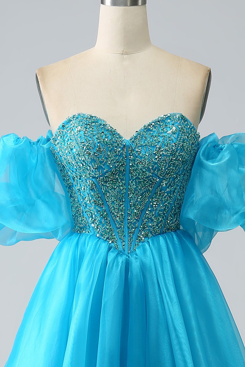 Blue Beaded Corset Formal Dress with Detachable Sleeves