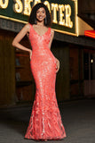 Charming Coral Mermaid Deep V Neck Sparkly Sequin Formal Dress with Accessory