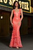 Charming Coral Mermaid Deep V Neck Sparkly Sequin Formal Dress with Accessory