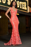 Charming Coral Mermaid Deep V Neck Sparkly Sequin Formal Dress with Accessory