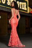 Charming Coral Mermaid Deep V Neck Sparkly Sequin Formal Dress with Accessory