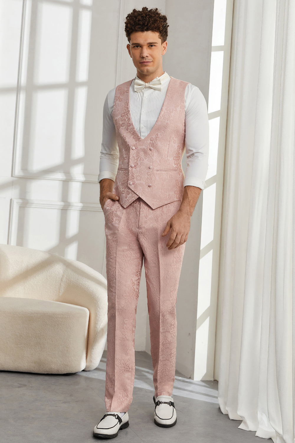 Silm Fit Peak Lapel Light Pink Jacquard Men's Formal Suits