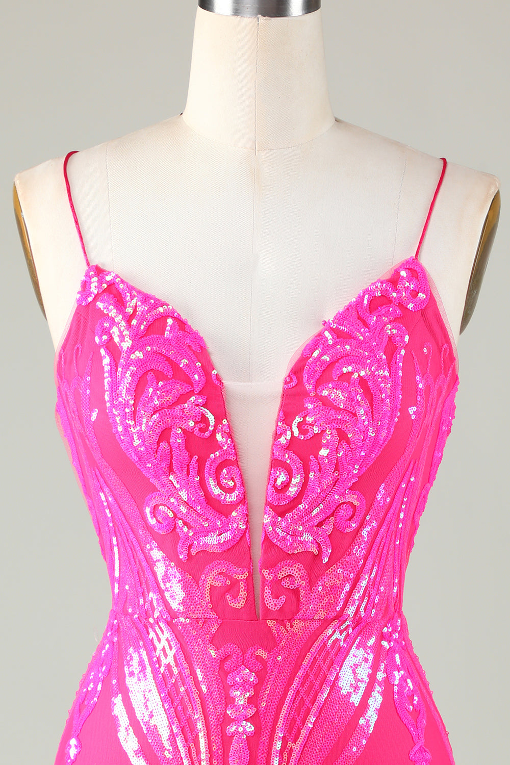 Hot Pink Lace Up Tight Glitter Cocktail Dress