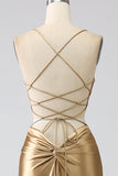 Golden Mermaid Spaghetti Straps Satin Long Formal Dress with Lace-up Back