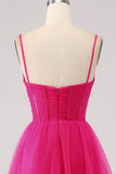Fuchsia A-Line Spaghetti Straps Long Corset Formal Dress with Slit