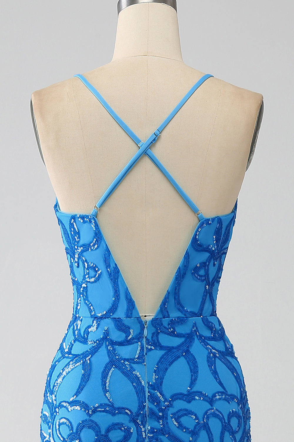 Blue Mermaid Spaghetti Straps Sequins Long Formal Dress