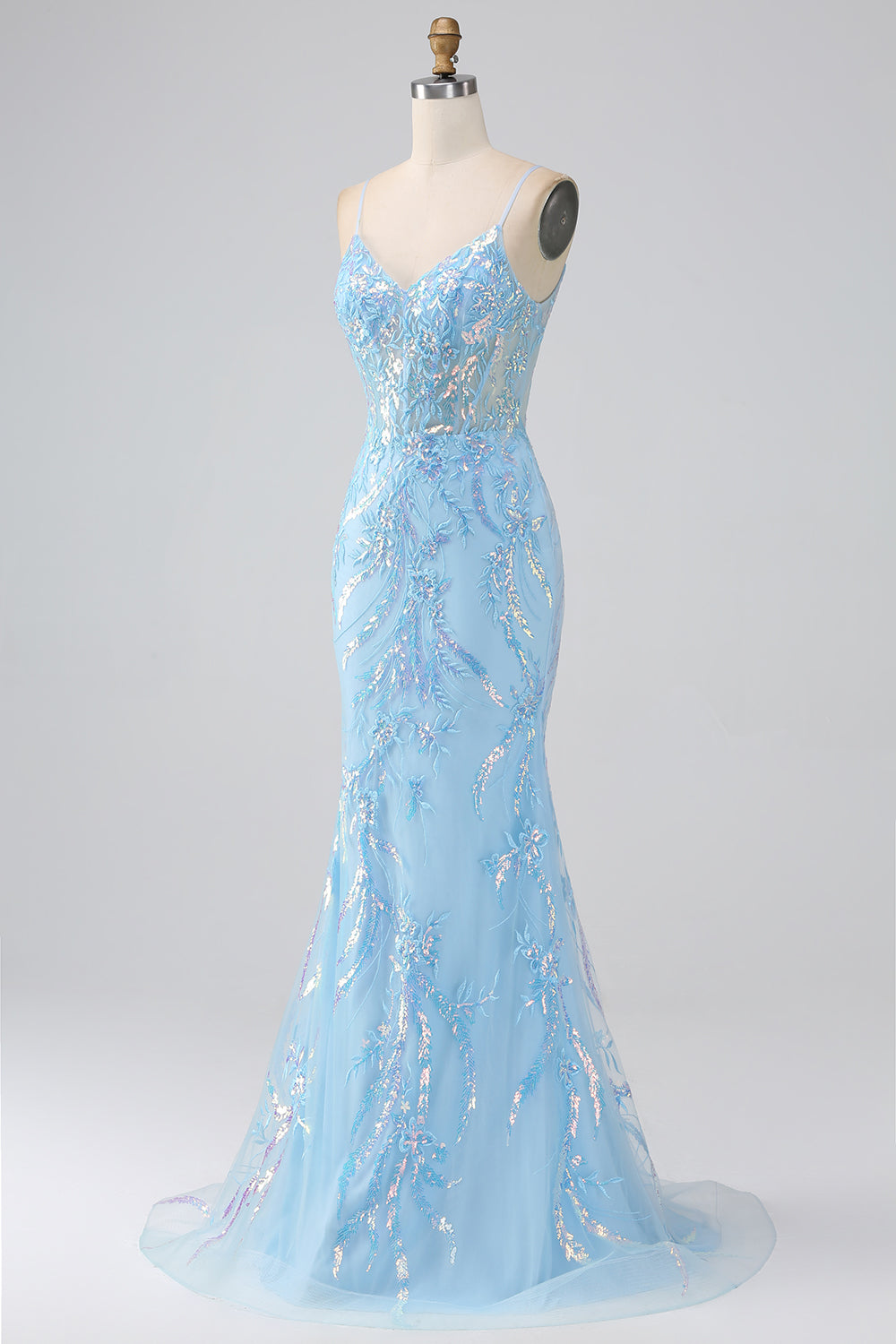 Sparkly Light Blue Mermaid Spaghetti Straps Long Formal Dress With Beading