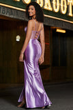 Stylish Mermaid Spaghetti Straps Purple Corset Long Formal Dress with Split Front