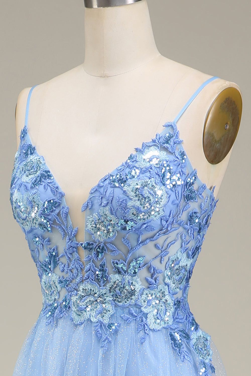 Sparkly Blue Tulle Long Formal Dress with Appliques