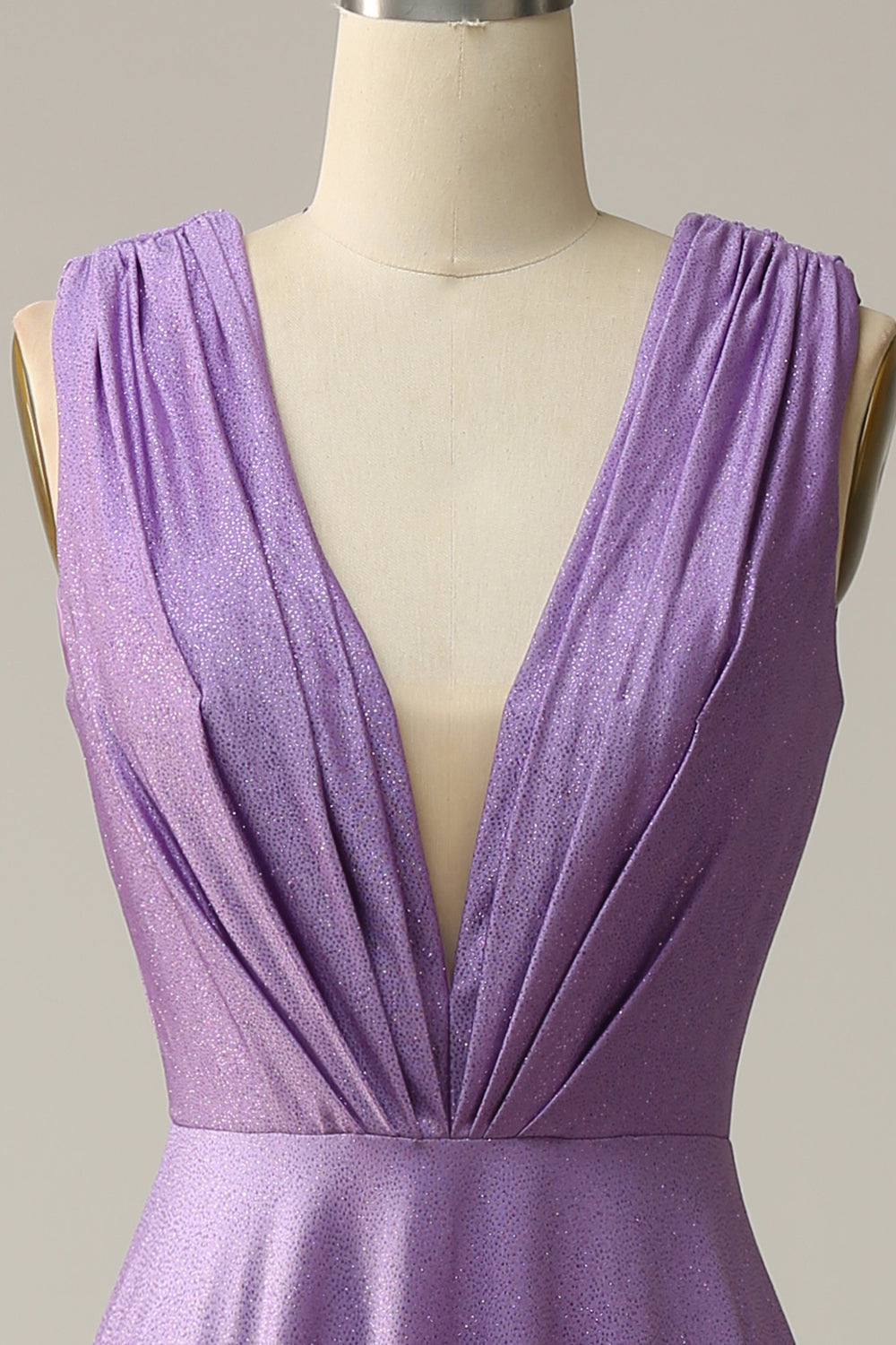 A Line Deep V Neck Purple Sleeveless Long Formal Dress