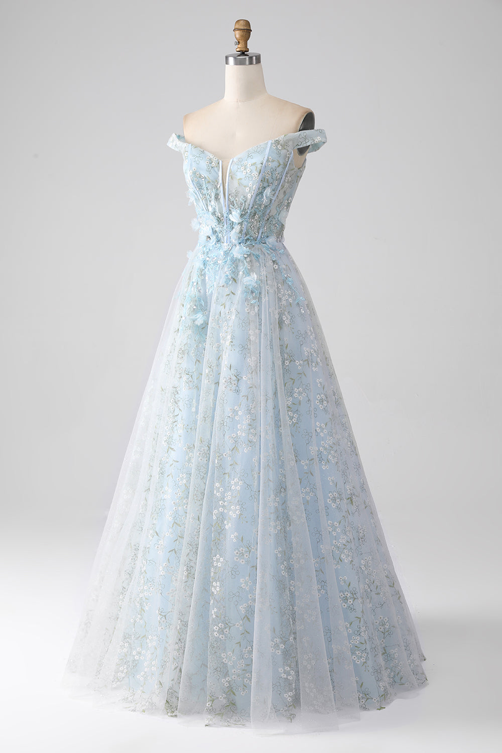 Light Blue A-Line Off the Shoulder Long Corset Formal Dress