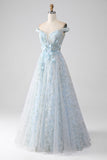 Light Blue A-Line Off the Shoulder Long Corset Formal Dress