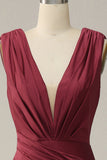 Mermaid Deep V Neck Burgundy Sleeveless Long Formal Dress