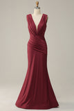 Mermaid Deep V Neck Burgundy Sleeveless Long Formal Dress
