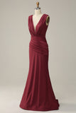 Mermaid Deep V Neck Burgundy Sleeveless Long Formal Dress