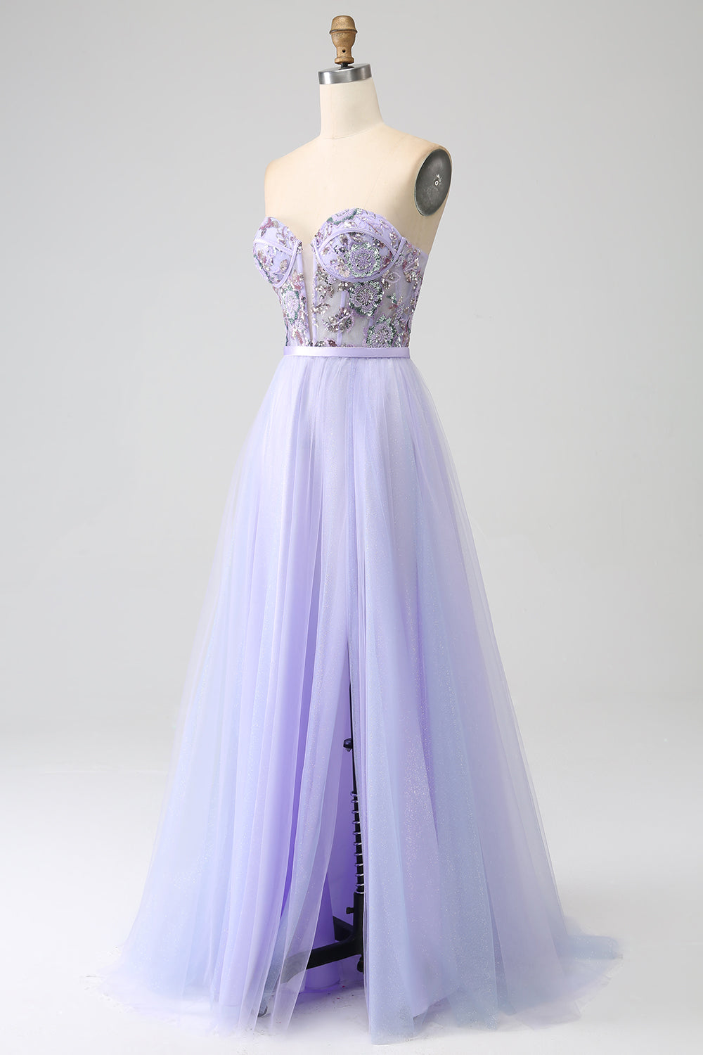 Lavender A Line Tulle Corset Formal Dress with Slit
