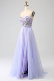 Lavender A Line Tulle Corset Formal Dress with Slit