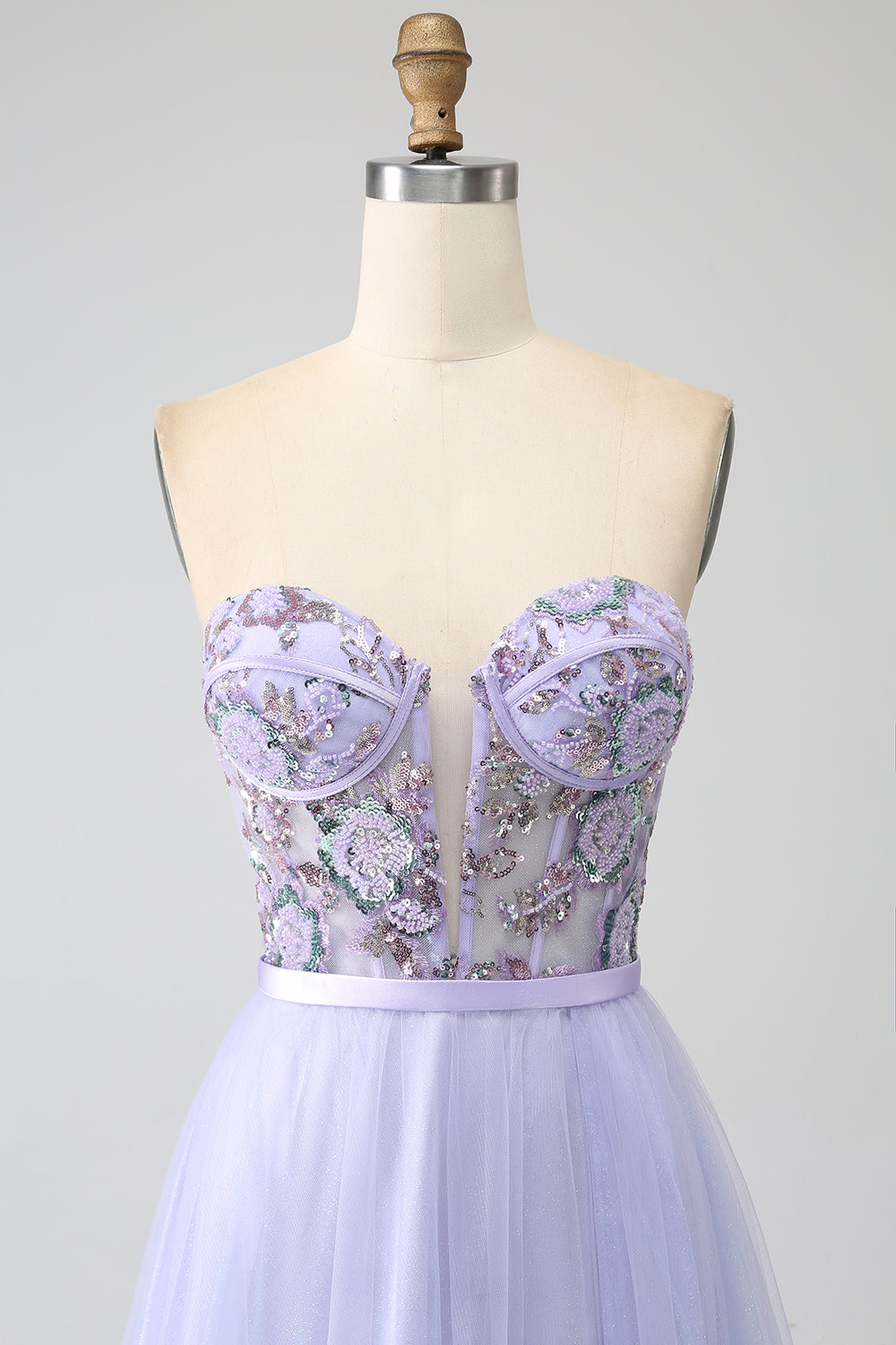 Lavender A Line Tulle Corset Formal Dress with Slit