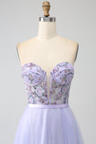 Lavender A Line Tulle Corset Formal Dress with Slit