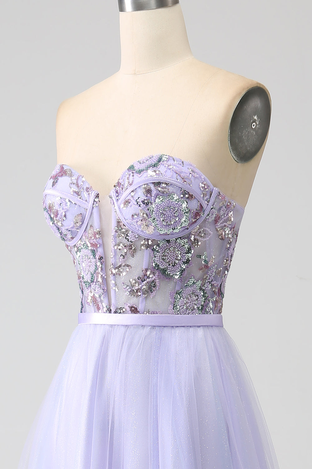 Lavender A Line Tulle Corset Formal Dress with Slit