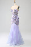 Mermaid Strapless Lavender Corset Formal Dress with Beading