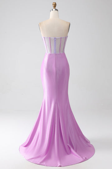 Lilac Mermaid Strapless Corset Formal Dress with Slit