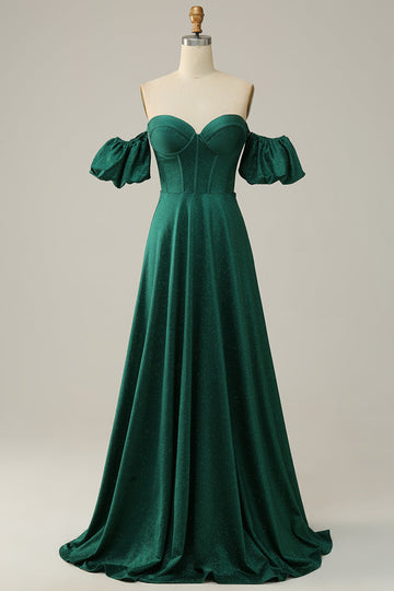 A Line Off the Shoulder Dark Green Long Formal Dress